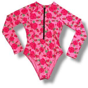 Betsey Johnson Womens One Piece Swimsuit Scuba Knit Half Zip Long Sleeve Pink M